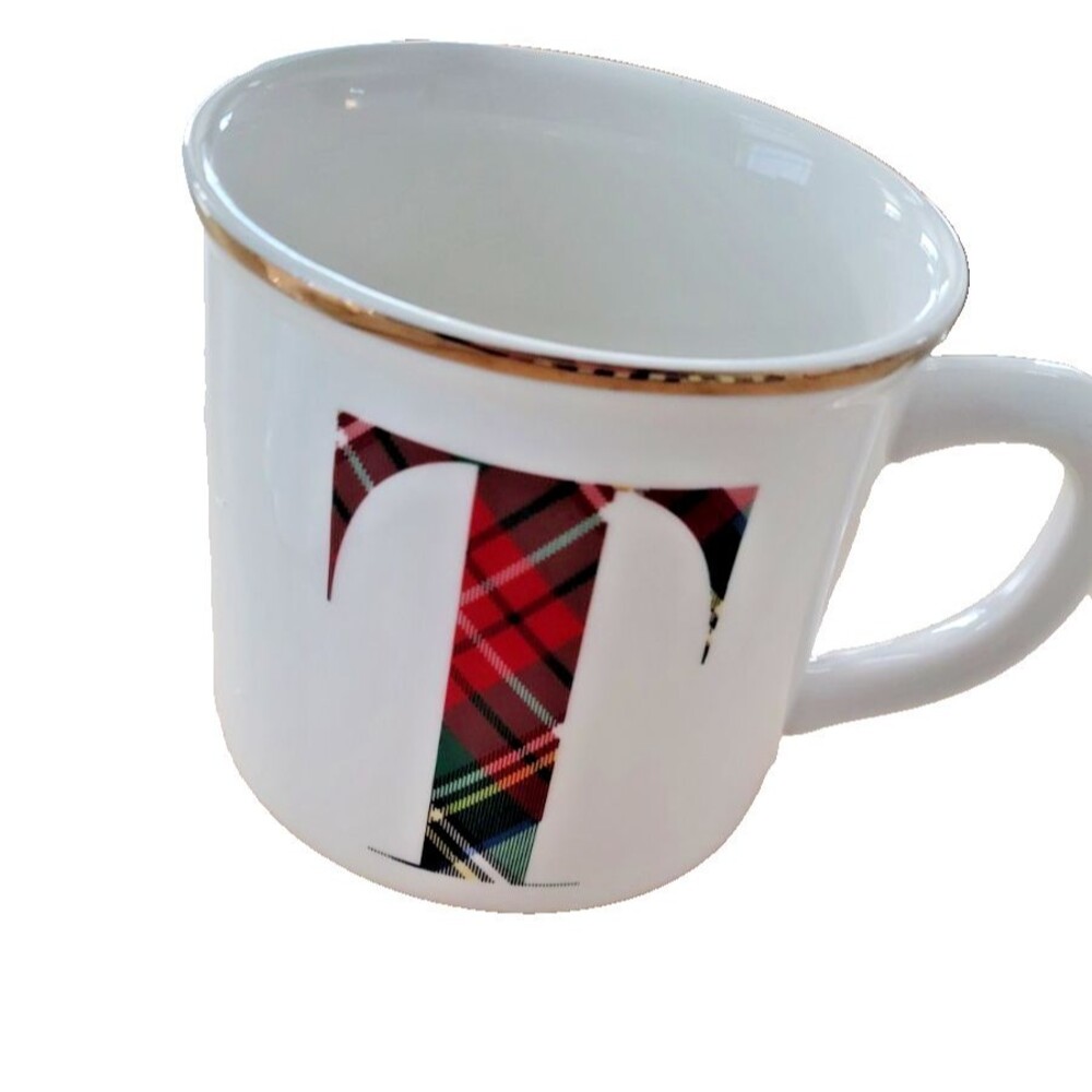 Pottery Barn Tartan Plaid Letter T  Initial Monogram Large Coffee Mug